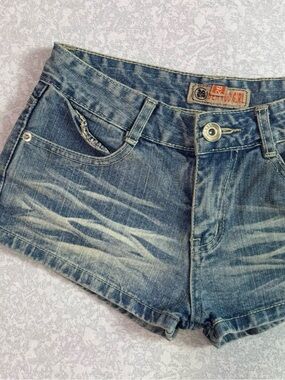 Low-Rise Faded Blue Denim Jean Shorts
